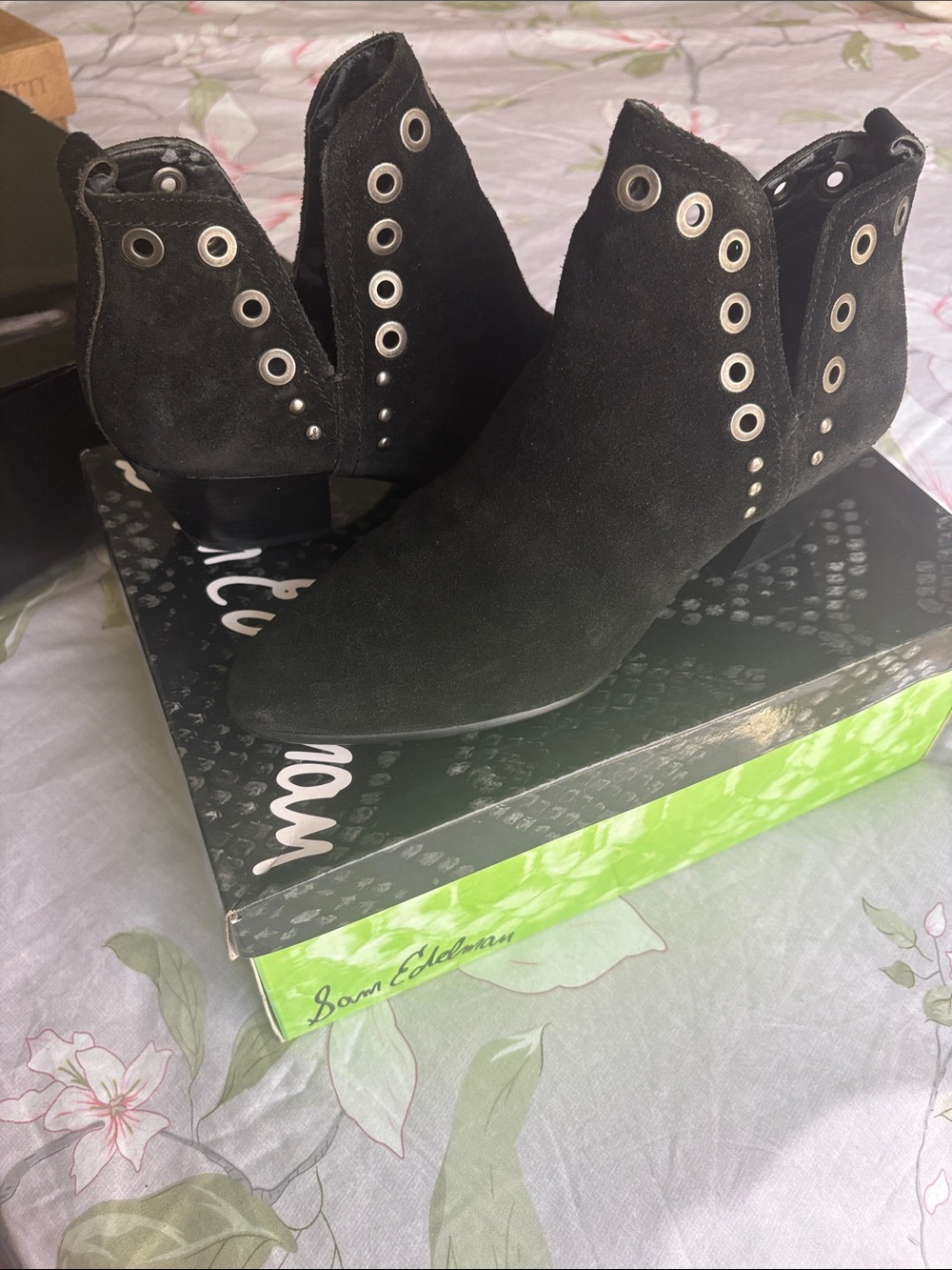 New Sam Edelman Black Suede Ankle Boots with Eyelet Detail